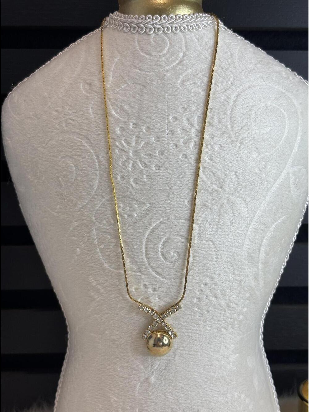 Gold Tone Pendant Necklace with Rhinestone Accent